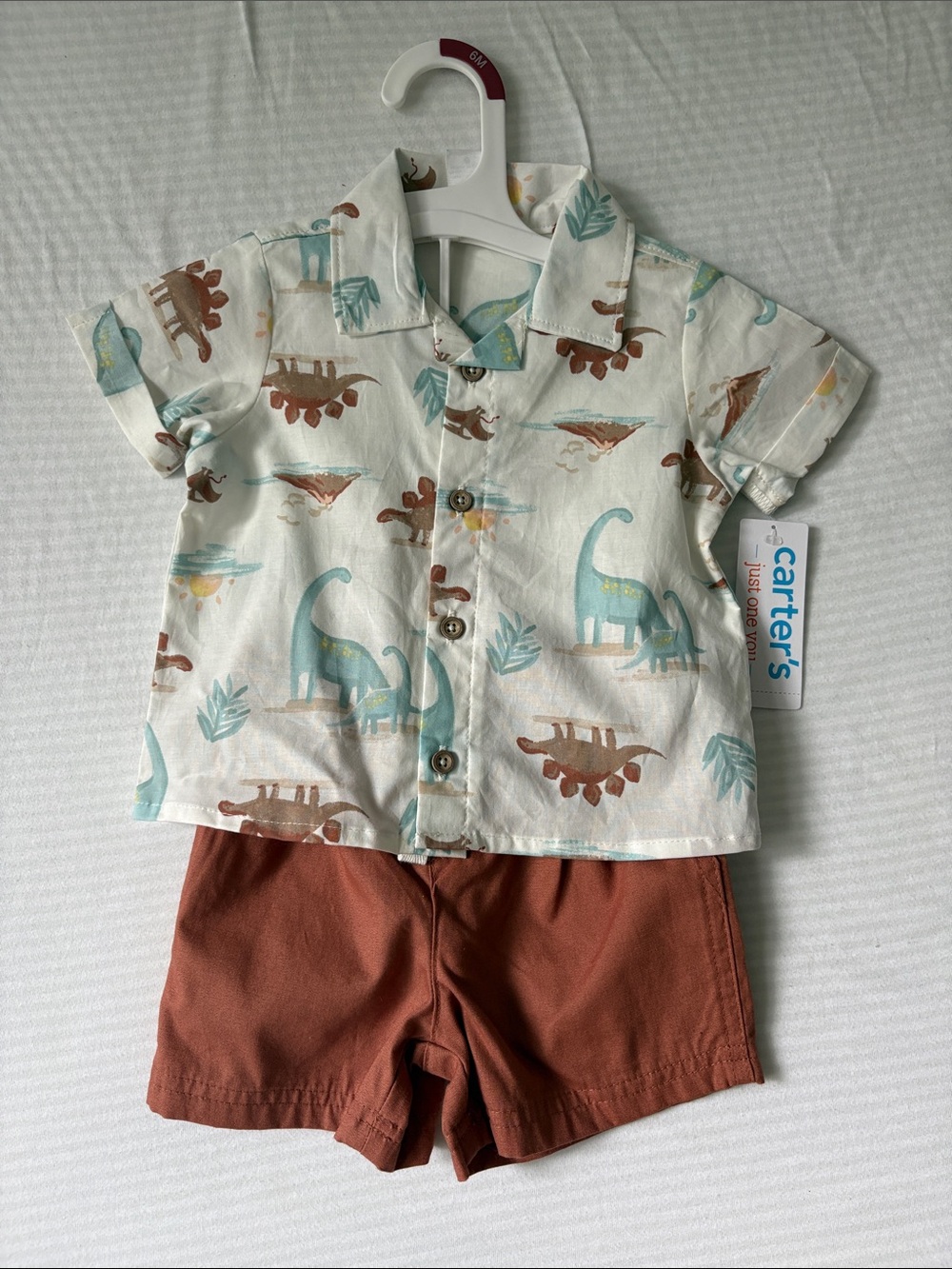 Carter's Dino Print Button-Down Shirt with Rust Shorts